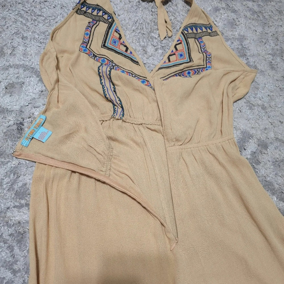 FLYING TOMATO Halter Neck Embroidered Khaki Wide Leg Jumpsuit, High Low Hem, L - Picture 12 of 16